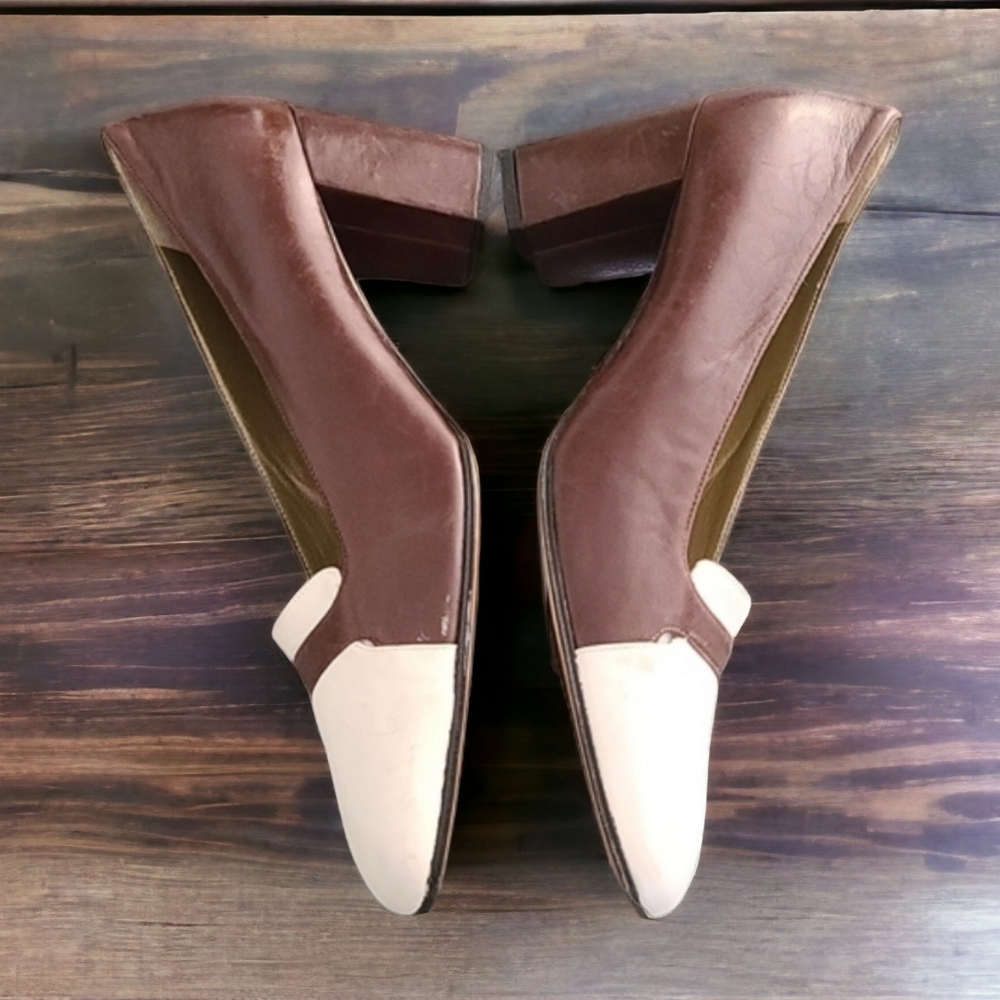 VTG YSL Retro Mod Square Toe Leather Pumps 8 N Heels Brown Yves Saint Laurent - Picture 8 of 16